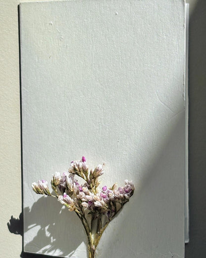 Detaliu floral delicat cu flori presate roz pe felicitare minimalistă