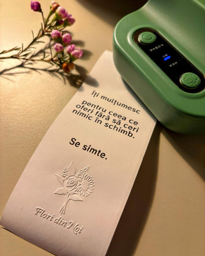 Mesaj poetic imprimat pe hârtie delicată lângă flori uscate